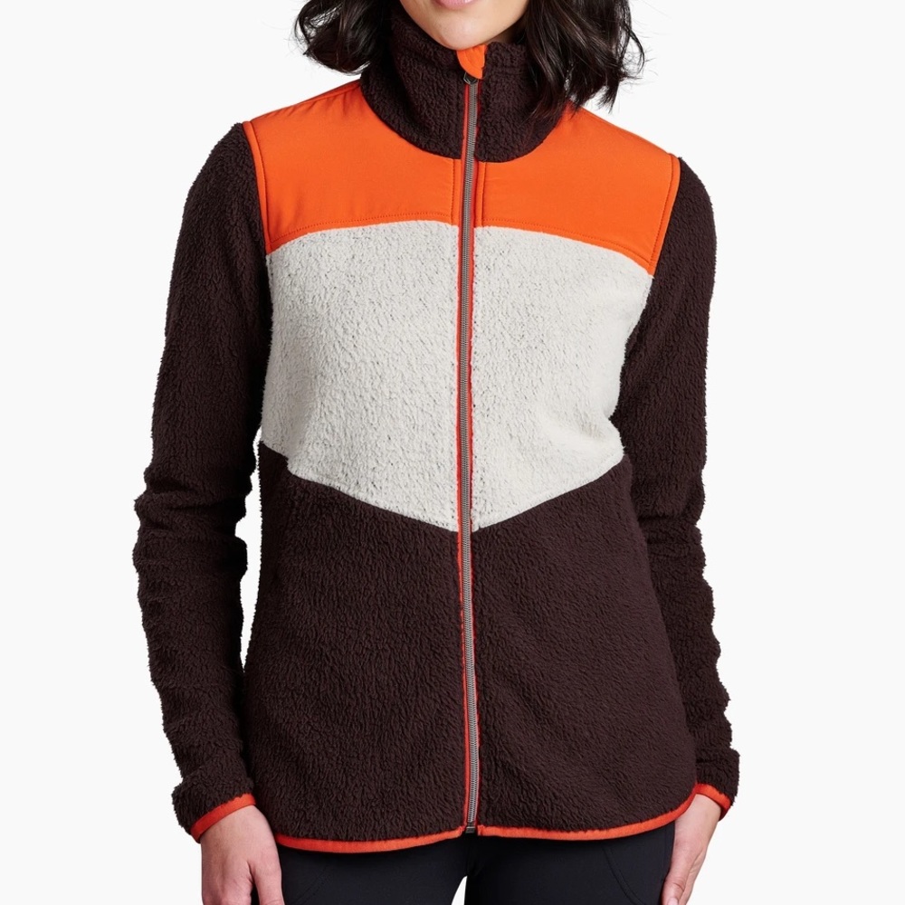 Kuhl Women's Colorblock Sherpa Jacket in Orange, Brown & Cream